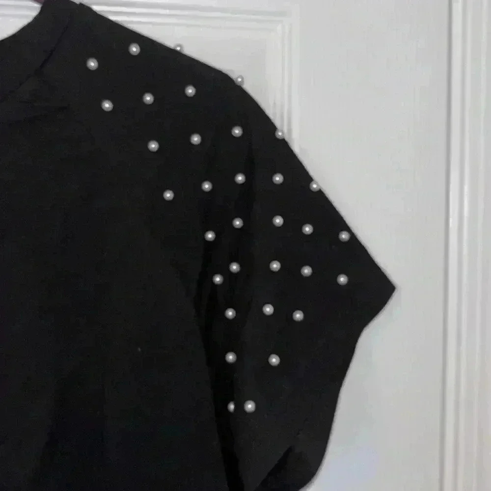 Black Beaded Sleeve Top Women’s Size Large Embellished Blouse - Picture 4 of 5